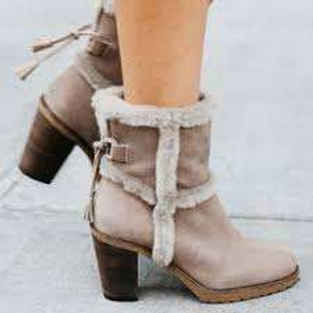 FRYE Jen Shearling Suede Ankle Boots Taupe Tassel Block Heel Women's 7